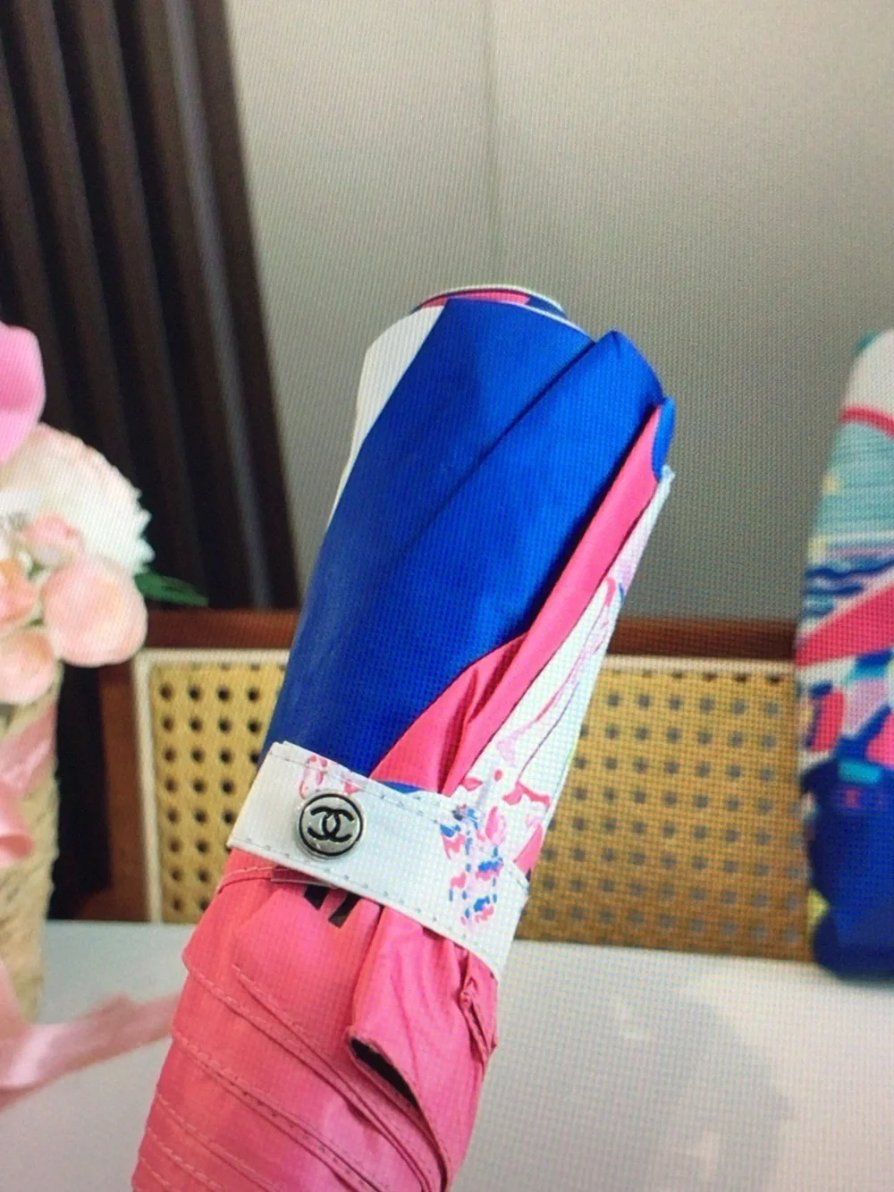 CHANEL Pink, Blue & Yellow Graphic Coco Heart Umbrella